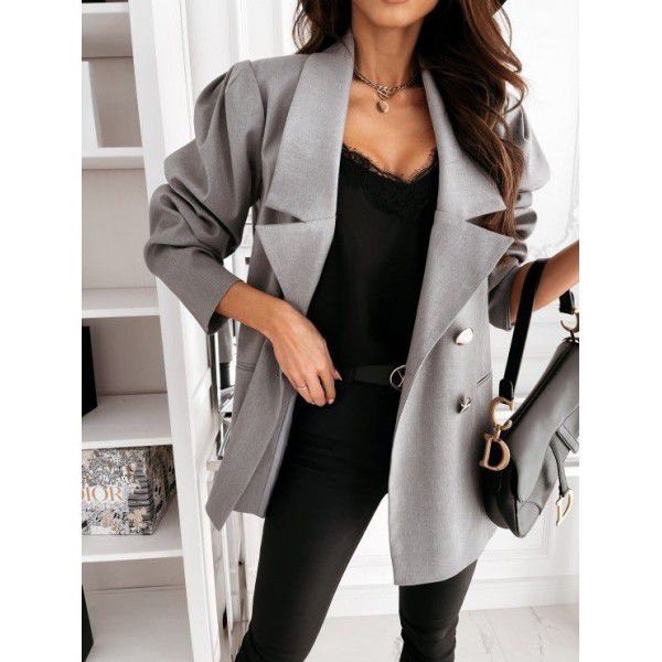 European and American cross-border trade autumn and winter new casual women's suit jacket double-breasted solid color suit women's coat 