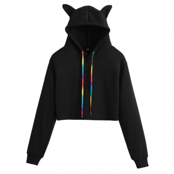 Cross-border hot selling solid color cat ear hooded sweater, European and American street fashion, sweet girl's short exposed navel sweater 