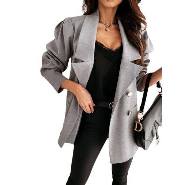 European and American cross-border trade autumn and winter new casual women's suit jacket double-breasted solid color suit women's coat 