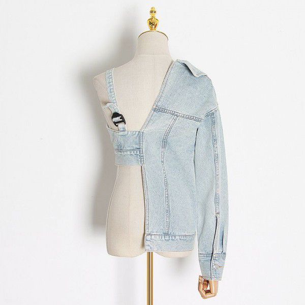 European station 2022 spring new style personalized suspender off-shoulder denim women's loose casual fashion jacket 