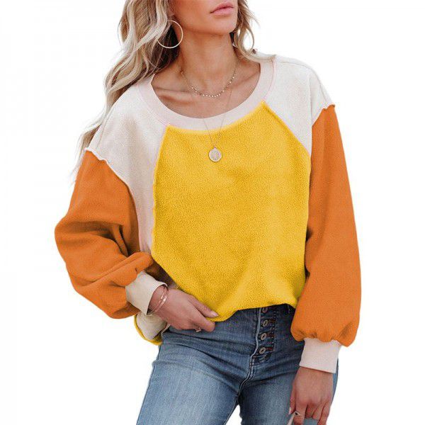Shiying Amazon fleece lantern sleeve sweater cross-border women fall new plush color contrast long-sleeved pullover women 
