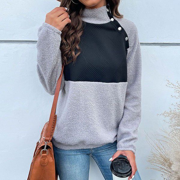 Fashion women's new color-blocking long-sleeved semi-high-necked plush sweater for women 
