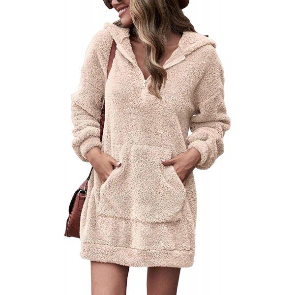 Foreign trade wish European and American casual loose hooded zippered wool coat loose warm lamb wool trench coat 