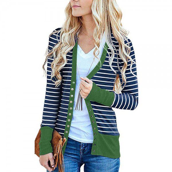 New women's striped patchwork medium and long sleeved single-breasted cardigan coat 