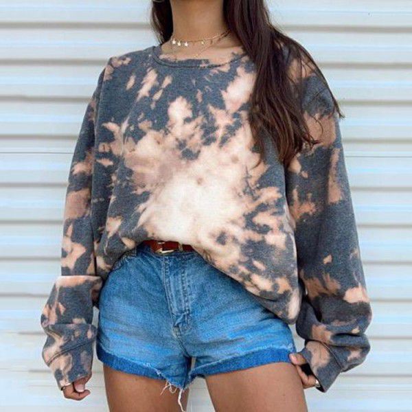 Cross-border women's clothing in spring and summer, European and American tie-dyed printed hooded long-sleeved T-shirt sweater