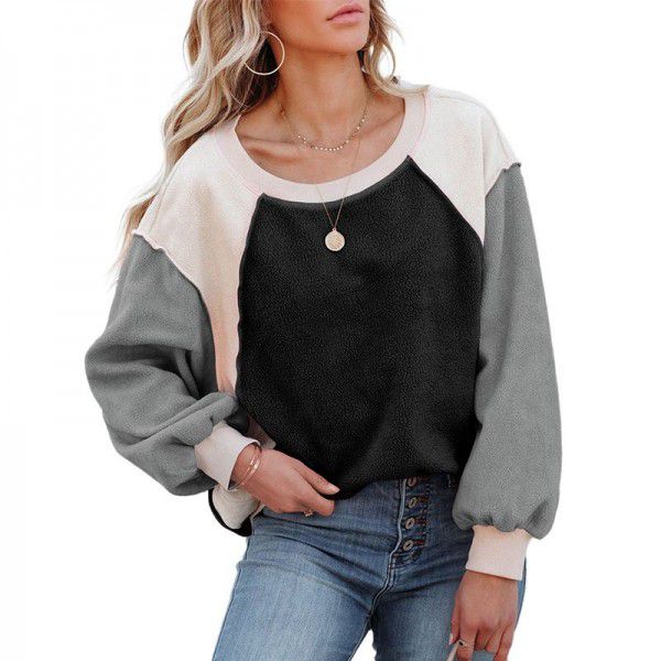 Shiying Amazon fleece lantern sleeve sweater cross-border women fall new plush color contrast long-sleeved pullover women 