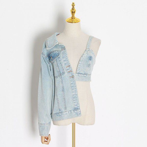 European station 2022 spring new style personalized suspender off-shoulder denim women's loose casual fashion jacket 