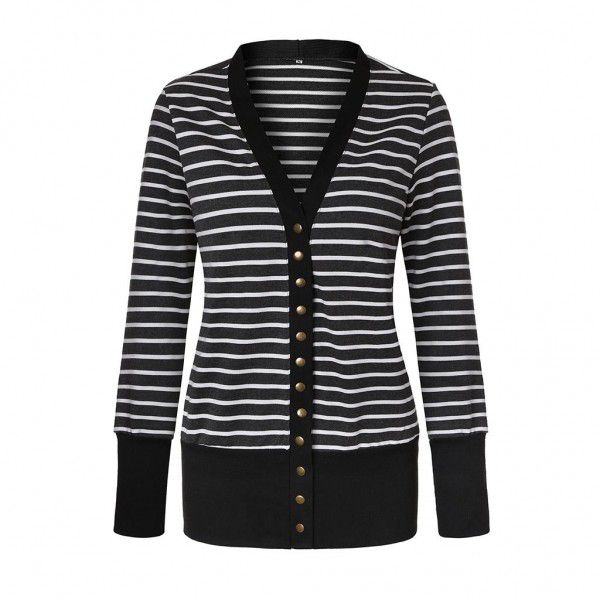 New women's striped patchwork medium and long sleeved single-breasted cardigan coat 