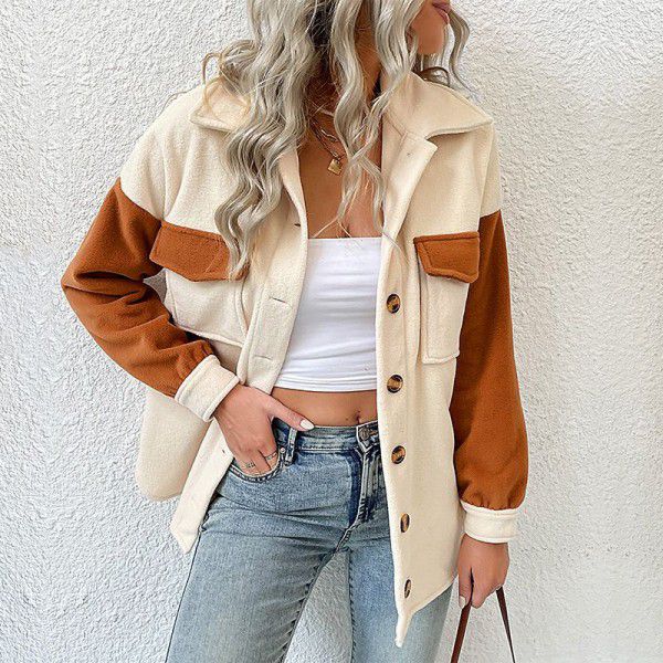 Autumn and winter new European and American fashion women's lapel color contrast long-sleeved fleece coat