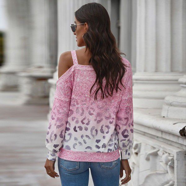 Shiying Amazon Gradual Leopard Print Sweater Women's Spring and Autumn 2022 New Long Sleeve Oblique Shoulder Off Shoulder Top Women 