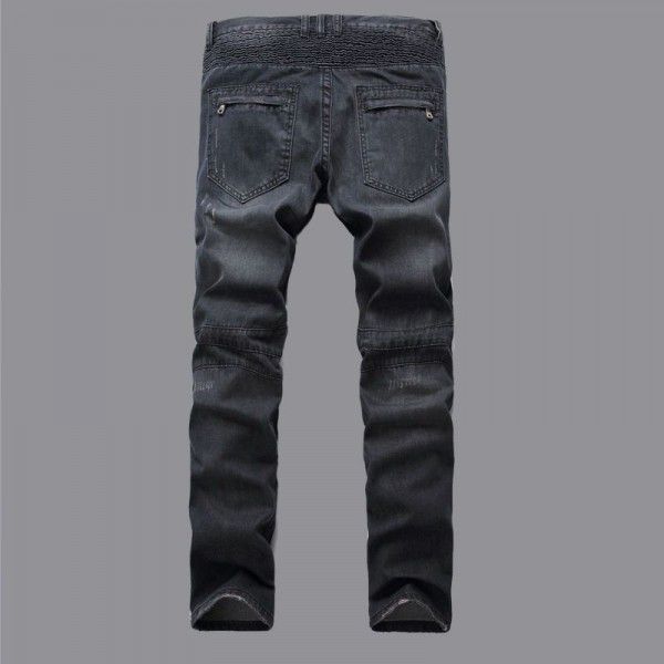Cross-border e-commerce hot sale European and American foreign trade jeans Men's light pleated straight zipper decorative motorcycle pants 