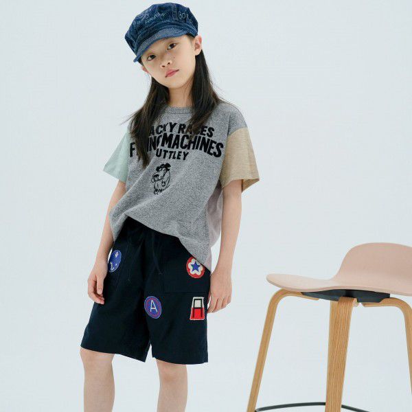 [Spot] In the summer of 2022, DD of the same style for boys and girls, children's Japanese four-color color color matching bamboo knot cotton cartoon flocking short sleeve 