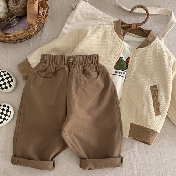 Children's trousers, boys' Japanese style, 2023 spring new children's cotton trousers, girls' casual pants, pure color, foreign style 