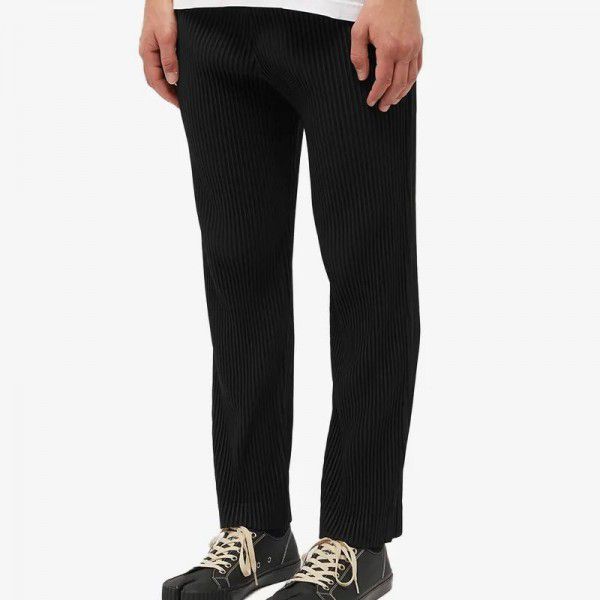 Factory direct-selling men's pleated, straight, nine-point casual pants, high-waisted, elastic lace up, close-front fashion pants 