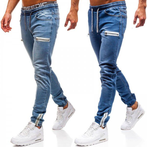 Foreign trade European and American men's denim fabric casual frosted zipper design sports jeans men 