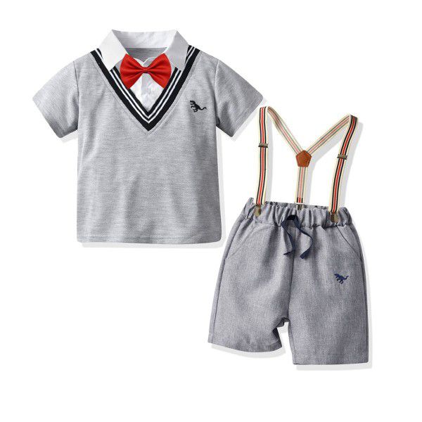 Cross-border children's suit summer boys gray fake two-piece T-shirt short-sleeved embroidered dinosaur shorts with a bow tie gentleman's wear 