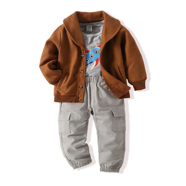 Euramerican Express Cross-border Boys' Cloth Coat Grey Rocket Long Sleeve T-shirt Pants Three-piece Set for Middle and Small Children 