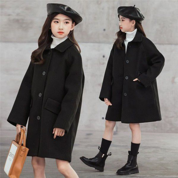 New girls' woolen coat, Korean version, medium and long style, thick single-breasted wool coat with cotton clip 