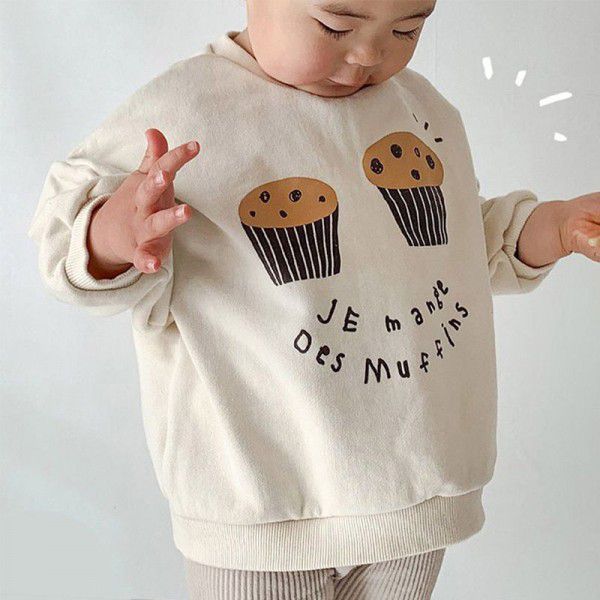 Korean children's clothing 22 spring girls' baby foreign cartoon cupcake playful split children's long-sleeved T-shirt 