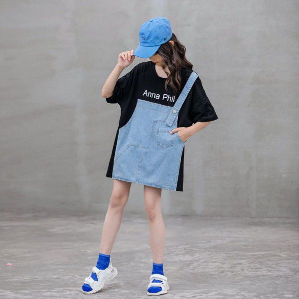 Children's wear 2022 new girls' loose T-shirt summer Korean version Chinese children's parent-child clothing pure cotton splicing fake two-piece top 