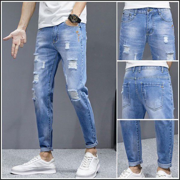 Four Seasons Hot Sale of New Broken Pants Jeans Men's Slim Fit Feet Leisure Versatile Beggar Fashion Brand Nine Pants 
