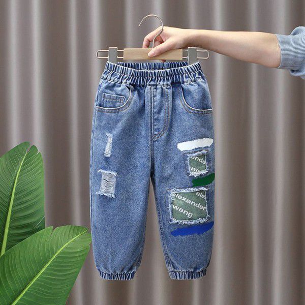 Boys' spring jeans 2023 new style children's spring and autumn burst street pants, fashionable baby pants 