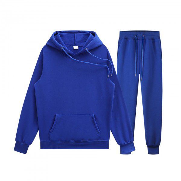 Men's pullover sweater set manufacturer polyester plush sweater hoodie+two-piece set of trousers