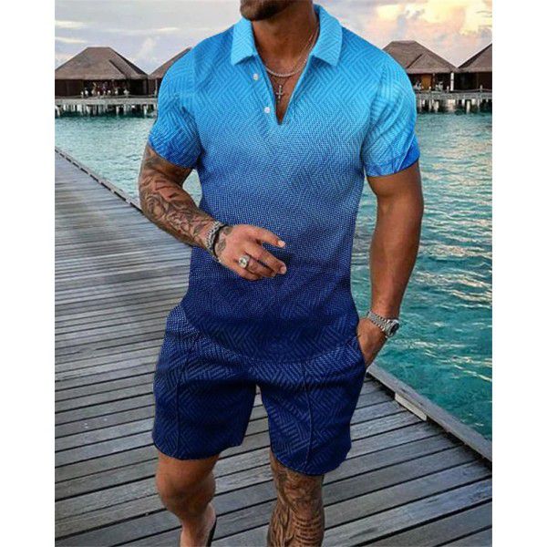 Independent station Amazon cross-border fashion button polo shirt suit Men's casual 3D printed polo shirt shorts 