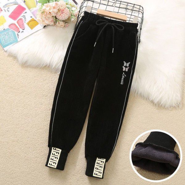 Girls' embroidered trousers 2021 autumn and winter new plush and thickened leggings Chinese children's Korean casual pants sports pants 