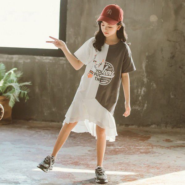 Summer Korean version of large and medium-sized children's clothing color letters t-shirt short sleeve dress children's skirt parent-child dress