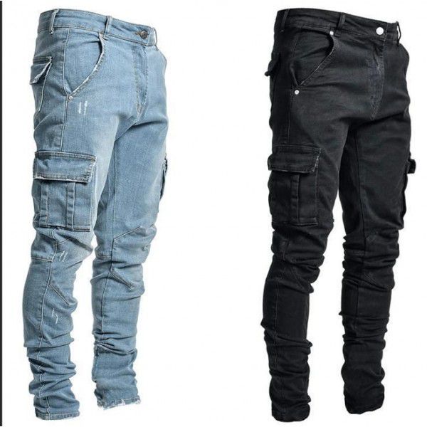Spot 2022 European and American cross-border new jeans Men's side pockets Small leg tight jeans 