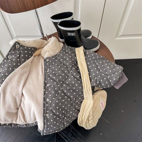 Children's cotton clothes 2022 winter children's polka dot cotton clothes girl's quilted plush jacket wool collar medium length cotton clothes 