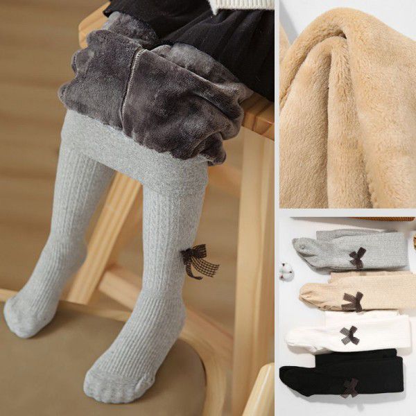 Winter children's new style children's fried dough twist cashmere composite trousers girls' plush thickened bow pantyhose 