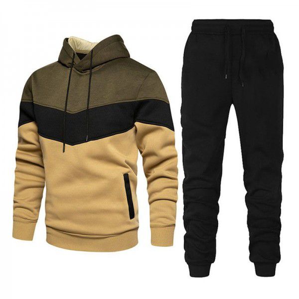 Men's sports suit fashion casual spring and autumn patchwork hooded sweater pants two-piece set