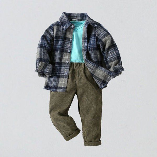 Ins boys' plaid shirt jacket knitted T-shirt corduroy trousers three-piece set for children 