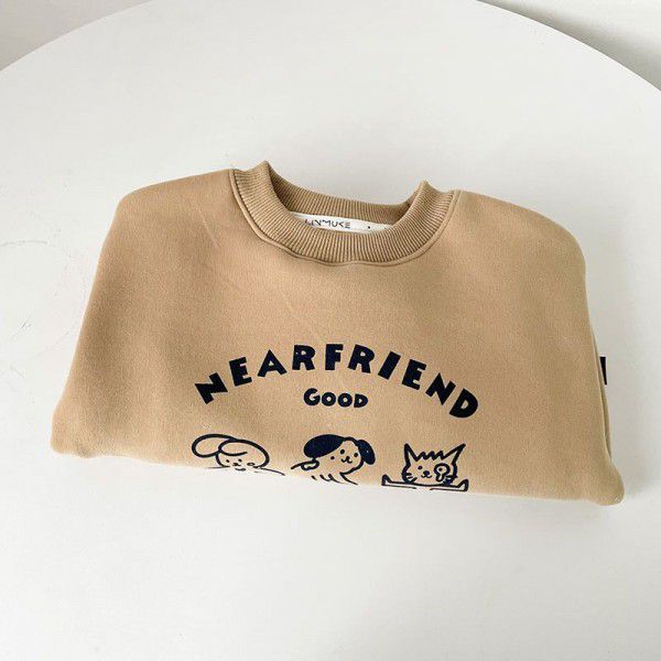 Boys and girls' new plush cartoon printed sweater for autumn and winter wear children's warm and thickened round neck casual top 