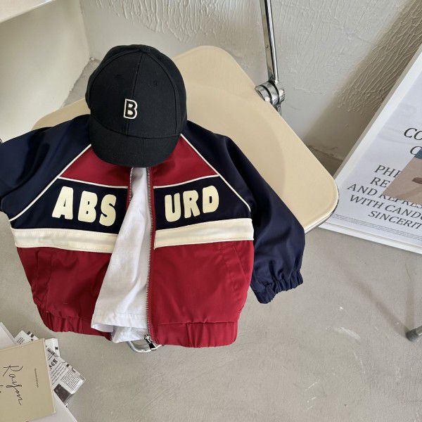 Children's coat 2023 squinting spring new color contrast letter coat for boys and girls baby sports patchwork jacket 