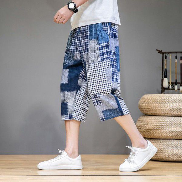 Summer new Chinese style cotton hemp men's casual shorts retro large linen fashion stitching beach pants