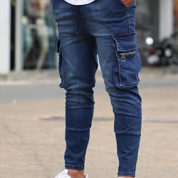 Hot sale men's multi-pocket elastic small-foot overalls jeans men