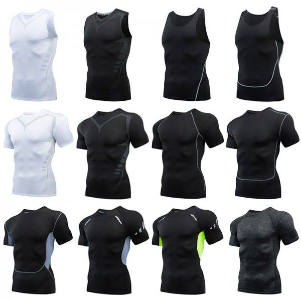 Fitness clothes men's high-elastic tight-fitting summer t-shirt sports short-sleeved quick-drying ice silk running basketball training vest 