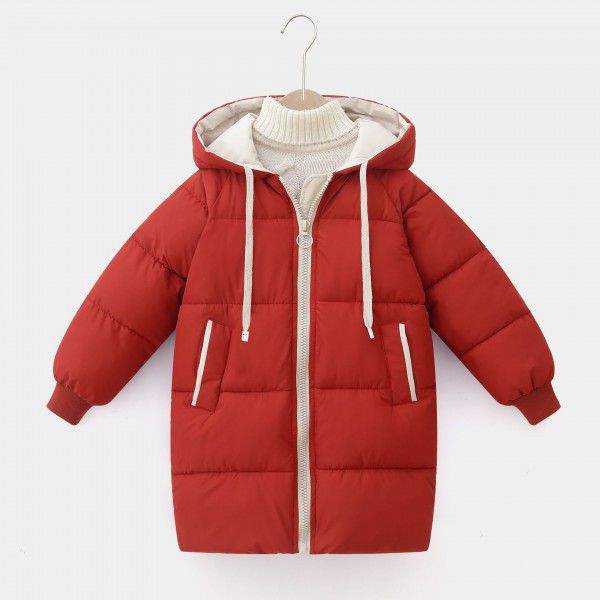 Children's medium and long down cotton jacket, hooded girls' winter coat, thickened solid color Korean cotton jacket, warm coat