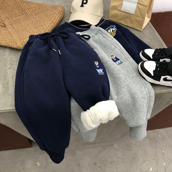 Children's clothing 2022 winter new style children's sanitary pants thickened trousers boys' casual pants plush sanitary pants issued on behalf of one 