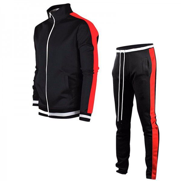 Men's casual sports suit cardigan color matching trend stand collar two-piece set