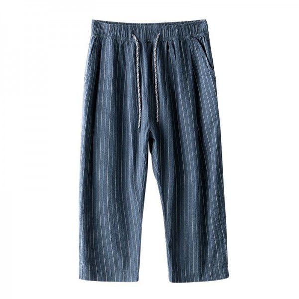 Elastic waist stripe large straight cotton and hemp casual pants Men's drawstring waist loose linen pants 