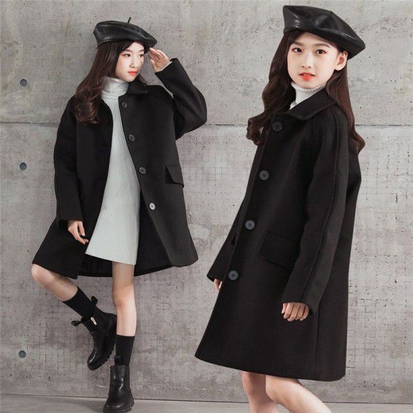 New girls' woolen coat, Korean version, medium and long style, thick single-breasted wool coat with cotton clip 