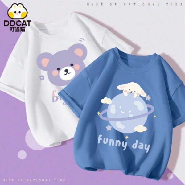 Girls' short-sleeved t-shirt summer cartoon printed cotton half-sleeved T-shirt for middle and large children 2022 new spot wholesale 