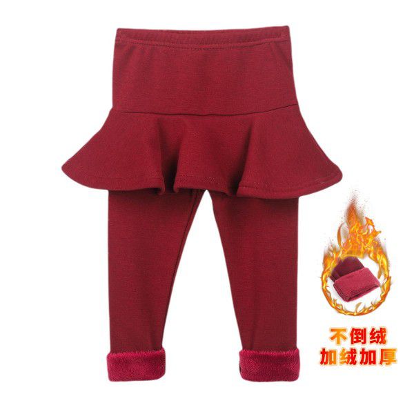 Fake two-piece leggings girls' skirt pants wear plush thickened children's thermal insulation trousers cotton in winter 