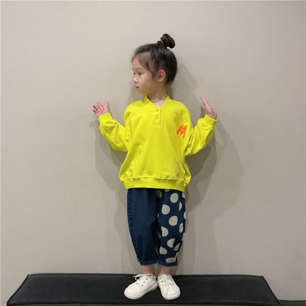 Children's pants 2023 spring wear new Korean polka dot jeans Westernized baby color-blocking casual pants K315 
