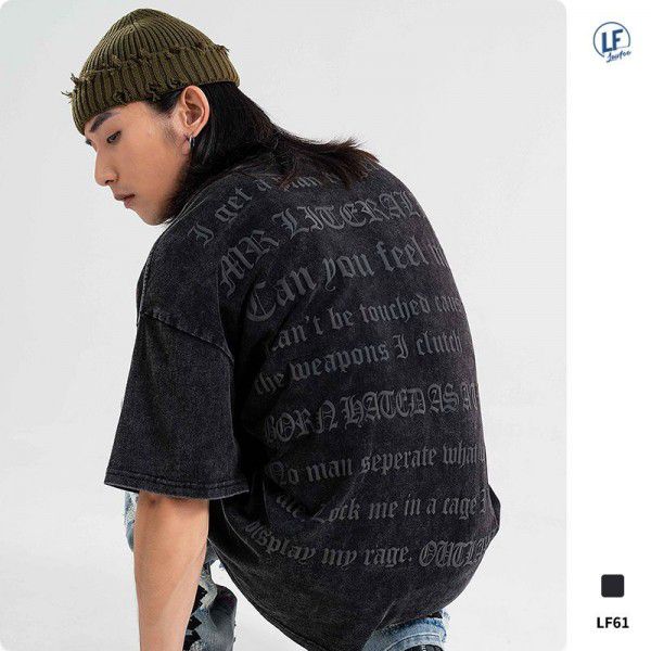 LawFoo Original Summer New China-Chic Brand Men's Washing Gothic Letter Foam Printed Short Sleeve T-shirt Men 