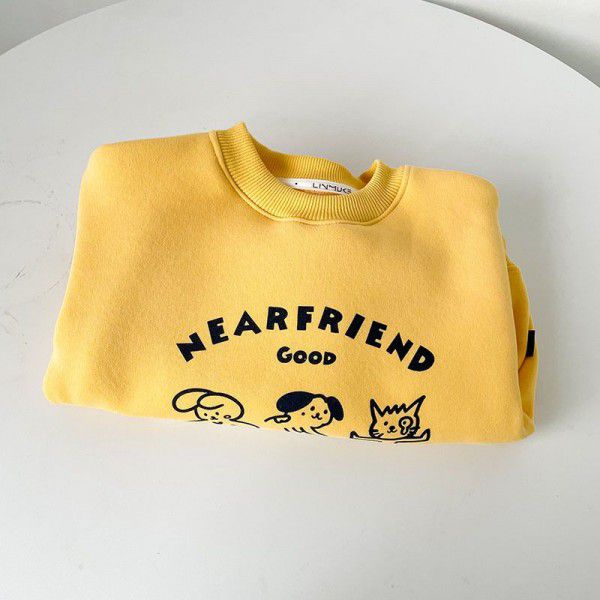 Boys and girls' new plush cartoon printed sweater for autumn and winter wear children's warm and thickened round neck casual top 
